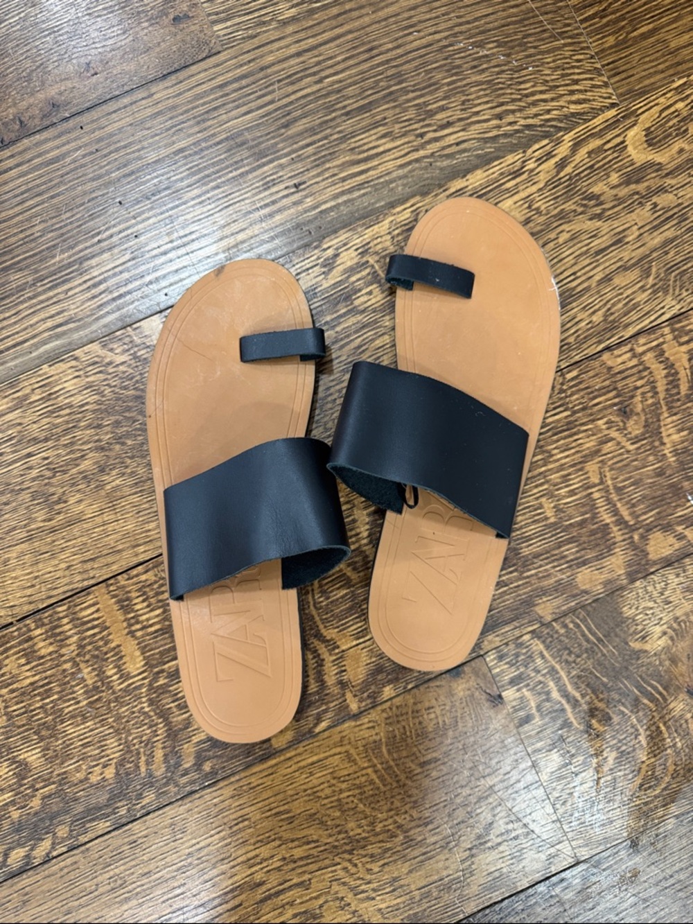 Zara Black Strap Tan Footbed Slide Sandals